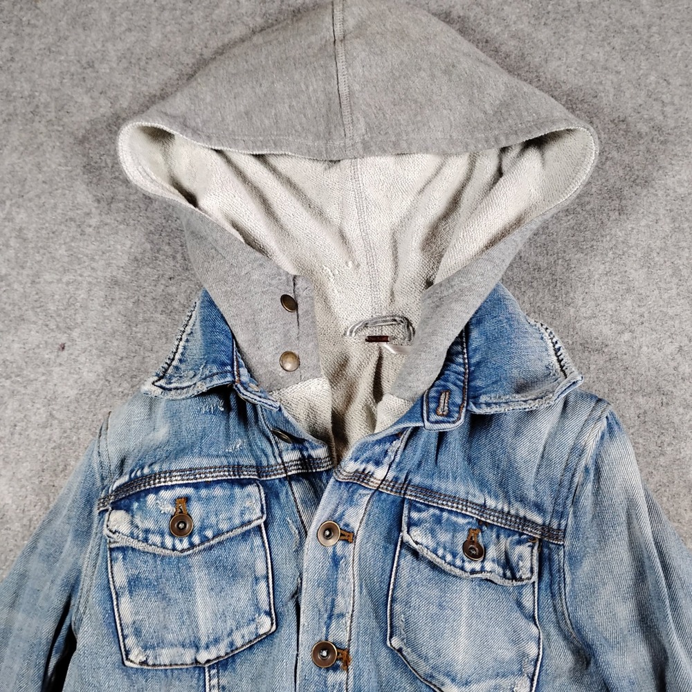 Free People Womens Distressed Denim Jacket Gray Hooded Layered Blue XS - Picture 2 of 11